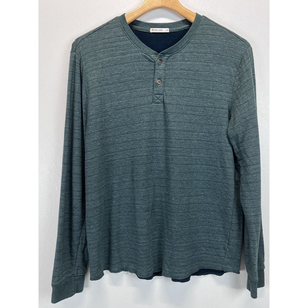 Marine Layer Henley Shirt Sz Medium Mens Green Long Sleeve Striped Lined